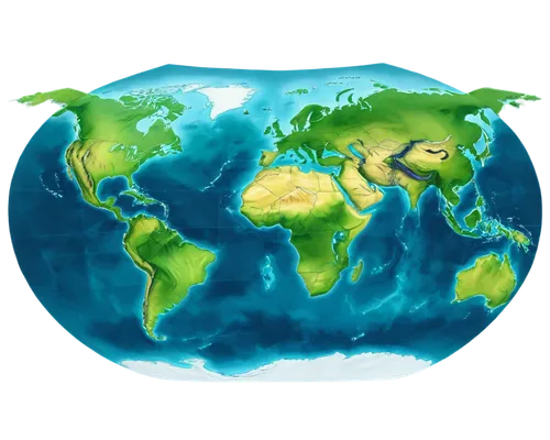 World map, green continents, blue oceans, detailed country borders, subtle shading, 3D effect, low-angle view, atmospheric perspective, misty atmosphere, vibrant colors, high-contrast lighting, panora