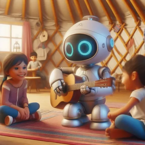 a girl plays a guitar next to a humanoid toy,soft robot,superintelligent,robotix,robotics,asimo,irobot