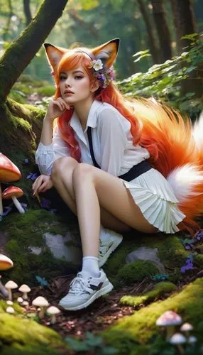 Fantasy, animal transformation, anthropomorphic, girl, fox ears, fluffy tail, claws, whiskers, bushy eyebrows, colorful hair clips, white blouse, short skirt, leggings, sneakers, sitting, lying down, 