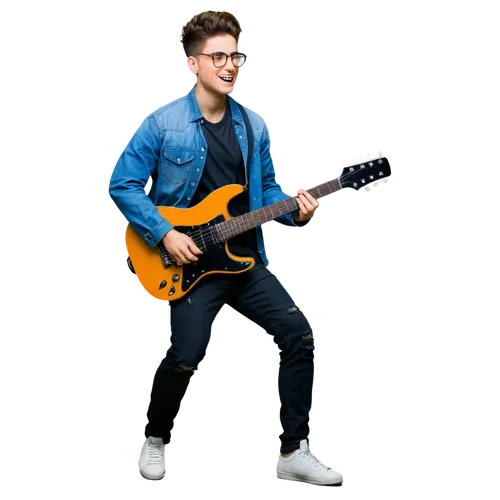 Musician, young adult, male, cool hairstyle, trendy glasses, casual clothing, denim jacket, black shirt, ripped jeans, sneakers, holding guitar, playing instrument, dynamic pose, indoor setting, warm 