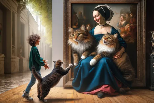 backgroundin the museum,fantasy picture,domestic long-haired cat,admired,world digital painting,cat family,figaro,fantasy art,courtship,romantic portrait,children's fairy tale,the pied piper of hameli