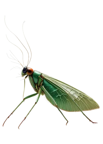 Palmetto bug, green exoskeleton, brown eyes, long antennae, delicate legs, metallic sheen, realistic texture, detailed wings, close-up, shallow depth of field, warm natural light, 3/4 composition.,pse