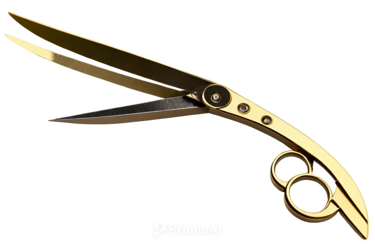 Transparent scissors, metallic sheen, sharp blades, curved handles, golden rivets, detailed bolts, glossy surface, reflection highlights, shallow depth of field, soft focus, warm lighting, 3/4 composi