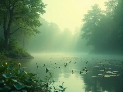 Pale green, calming atmosphere, gentle mist, forest surroundings, lush vegetation, tranquil lake, water lilies, soft ripples, subtle wind, warm sunlight filtering through trees, natural scenery, peace