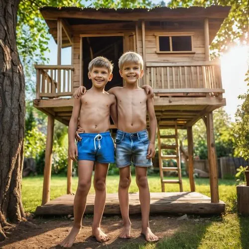 happy children playing in the forest,kiddos,tree house hotel,wooden sauna,girl and boy outdoor,adventure playground,Photography,General,Realistic