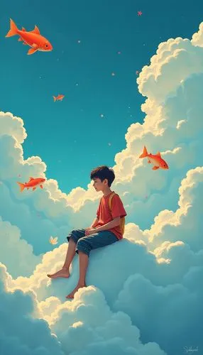 goldfish,world digital painting,sky,summer sky,adrift,clouds - sky,flying girl,cumulus,dream world,little clouds,cloud play,kids illustration,floating,paper boat,cielo,dreamscapes,heatherley,cloudlike,flying birds,dream art,Illustration,Realistic Fantasy,Realistic Fantasy 46