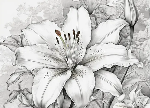 Create a serene lily flower drawing in a peaceful garden.,white lily,white magnolia,madonna lily,avalanche lily,lilium candidum,star magnolia,white floral background,easter lilies,stargazer lily,flowe