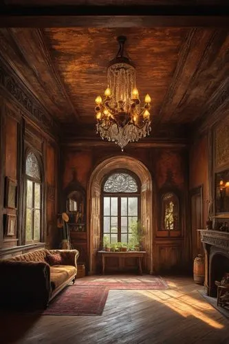 Rustic interior design, old homes, vintage charm, wooden floorboards, distressed walls, antique furniture, velvet sofas, lace curtains, grand chandeliers, ornate mirrors, carved wooden doors, aged bri