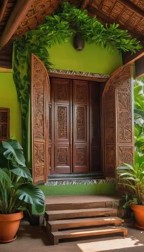 javanese traditional house,garden door,auroville,house entrance,tropical house,verandas,trinidad cuba old house,entranceway,traditional house,nicaraguan cordoba,verandah,tropical greens,philodendrons,doorway,doorways,palapa,ubud,entryway,wooden door,philodendron,Conceptual Art,Oil color,Oil Color 13