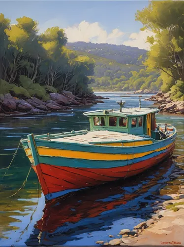 'Steam Boat' plein air painting by Gerard Byrne,boat landscape,fishing boat,picnic boat,fishing boats,wooden boat,boat on sea,water boat,fishing float,long-tail boat,small boats on sea,boats,boat,row 