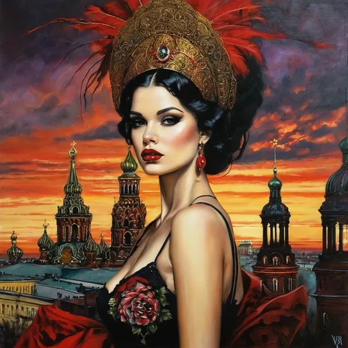 red russian,the hat of the woman,orientalism,lady in red,red hat,russian folk style,the red square,romantic portrait,vintage art,fantasy art,russian culture,red square,evening dress,bylina,man in red dress,cigarette girl,art painting,danila bagrov,black russian,headdress,Illustration,Realistic Fantasy,Realistic Fantasy 10