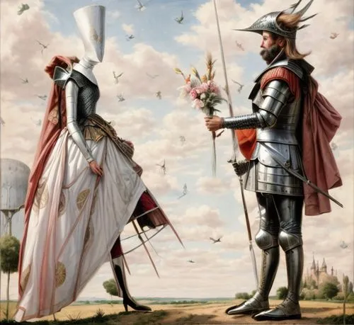 Don QUIXOTE in armor, with an open visor and a large mustache gives a bouquet of flowers to the white chess queen in an expensive medieval dress and high headdress. The couple stands opposite each oth