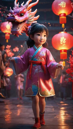    photorealistic  of Spring Festival, Dragon New Year, Cute Girl Partying,mulan,china cny,hanbok,spring festival,chinese new years festival,yuan,chinese background,asian culture,chinese new year,orie