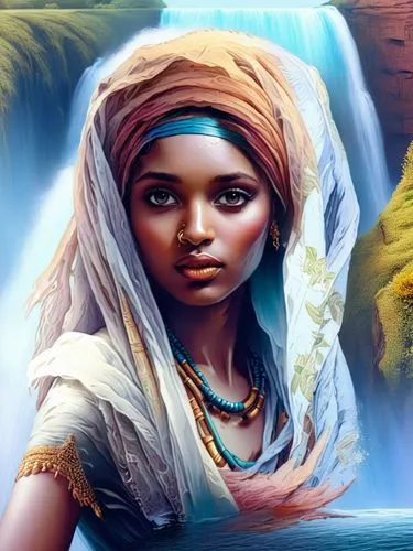 a woman in native clothing next to a waterfall,ancient egyptian girl,zarina,afar tribe,nubian,inanna,nubia,Illustration,Realistic Fantasy,Realistic Fantasy 15