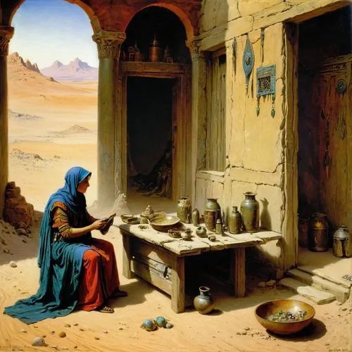 Ancient Mystical Healer,a woman in a desert setting is doing pottery work,woman at the well,bedouin,woman praying,bedouins,woman drinking coffee,sabaean,orientalist,praying woman,mandaean,orientalism,