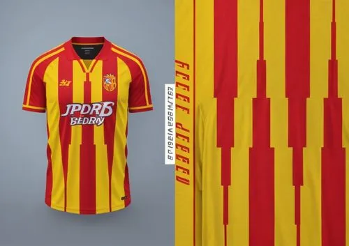 t shirt jersey team mockup yellow and red color nice design,a soccer jersey is shown with a red and yellow stripe on it,jagiellonia,nordsjaelland,girabola,herediano,dukla,monarcas,Photography,General,