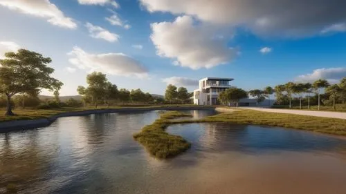 realistic and modern
,an architectural rendering of a house on a corner by the water,doral golf resort,yarkon,golf resort,polders,golf landscape,waterland,saturnia,watermill,hala sultan tekke,riverlan