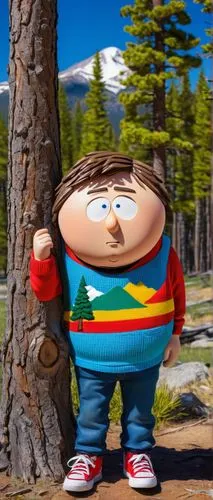 Custom South Park character, chubby build, messy brown hair, bright blue eyes, freckled skin, yellow sweater with red apron, worn-out jeans, sneakers, playful posture, hands in pockets, leaning agains