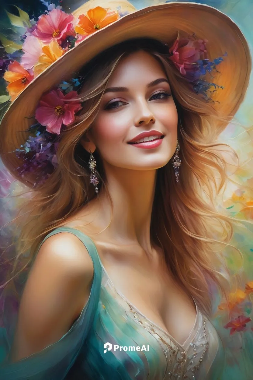 A vibrant portrait of a beautiful woman with a wide-brimmed hat adorned with flowers, dancing with abandon at a lively party.,boho art style,flower painting,boho art,watercolor women accessory,splendo