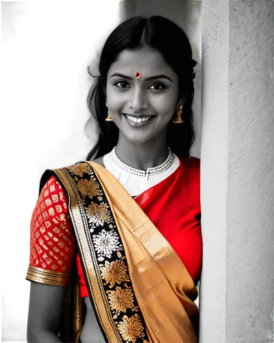 Telugu woman, traditional clothing, gold jewelry, red bindi, black hair, dark eyes, bright smile, colorful saree, intricate patterns, elegant posture, standing, morning sunlight, soft focus, warm colo