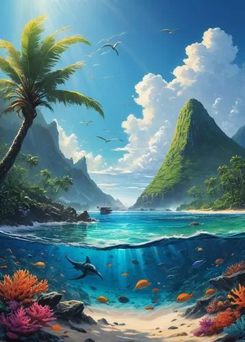 ocean background,tropical sea,ocean paradise,underwater landscape,underwater oasis,dolphin background,underwater background,ocean,tropical beach,sea landscape,tropical island,beach landscape,tropical fish,coastal landscape,dolphin coast,landscape background,coral reef,oceanian,tropica,full hd wallpaper,Conceptual Art,Fantasy,Fantasy 32