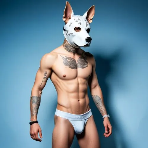 tattoos on his body, change his clothes, wearing festish dog mask,a man with a dog mask on standing ,bull terrier,the french bulldog,lobito,great dane,topdog,doggy