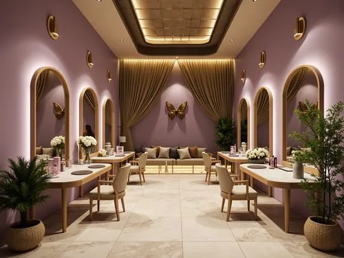 Beauty salon design, modern and neoclassical style, lilac, golden and beige color, archway, glass tables, special and curved showcase, cosmetics on the table, curved mirrors, many and creative details