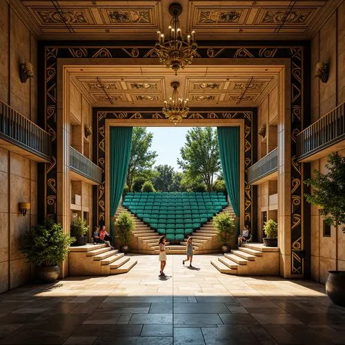 Vibrant art deco amphitheater, ornate geometric patterns, luxurious golden accents, bold black lines, opulent marble floors, grand staircase, lavish chandeliers, rich velvet curtains, vibrant turquois