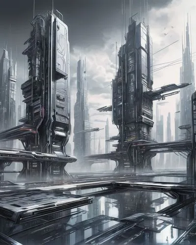 futuristic landscape,arcology,coruscant,cybercity,coldharbour,futuristic architecture,scifi,cyberport,unbuilt,homeworlds,cyberworld,cardassia,destroyed city,sentinels,sci fi,jablonsky,cybertown,sulaco,metropolis,sci - fi,Illustration,Black and White,Black and White 30