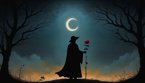 black rose,the sleeping rose,crescent moon, silhouette,lunar eclipse,romantic rose,Illustration,Abstract Fantasy,Abstract Fantasy 19