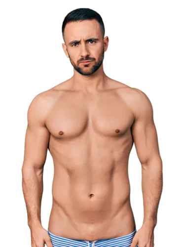 adult, male, upper body, bare chest, umbilical hernia, protruding belly button, smooth skin, slight muscle tone, concerned expression, hand on stomach, 3/4 composition, soft natural light, shallow dep