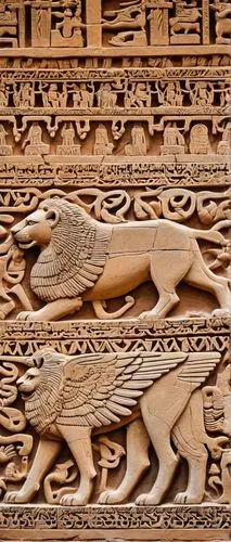 Mesopotamian art, ancient architecture, Ziggurat temple, intricate stone carvings, mythological creatures, winged lions, bulls, gods, goddesses, glazed tiles, bright colors, geometric patterns, cuneif