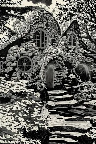 witch's house,witch house,stone garden,stone houses,haunted cathedral,forest chapel,lost place,old graveyard,ruins,stone house,abandoned place,ghost castle,stone circles,sunken church,photomontage,los