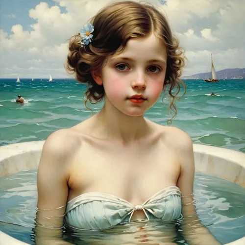 bouguereau,emile vernon,girl on the boat,water nymph,the girl in the bathtub,girl with a dolphin,the sea maid,bathing,girl on the river,child portrait,girl with cereal bowl,portrait of a girl,vintage art,water forget me not,siren,swimmer,water pearls,bougereau,girl with cloth,blue waters,Illustration,Abstract Fantasy,Abstract Fantasy 11