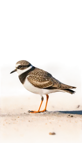 Small plovers, standing on one leg, grey-brown feathers, white belly, black mask-like stripes, orange beak, long wings, beach setting, morning sunlight, soft focus, shallow depth of field, warm color 