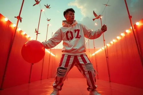 a  husky, stocky masculine attractive Vietnamese brawny guy performing in a sweet candy-like red-white spacious circus, he wear sweaty wet white tank top and a big baggy fantasy red-white stripes pant