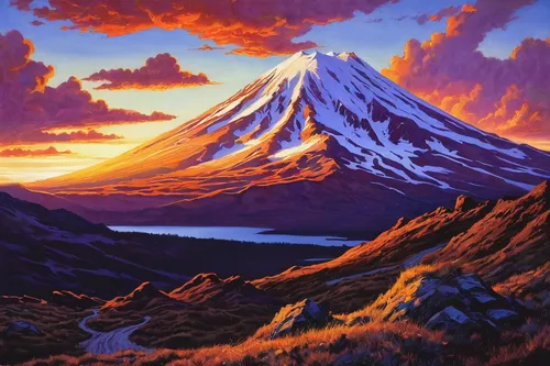 kamchatka,volcano,volcanic landscape,mountain sunrise,mount taranaki,stratovolcano,fuji,volcanos,taranaki,volcanic,volcanism,fuji mountain,purple landscape,mountain landscape,mount fuji,mountain scene,alpine sunset,lava,volcanoes,tongariro,Illustration,Retro,Retro 14