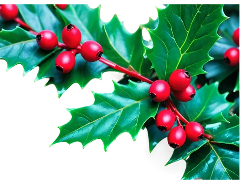 Christmas holly, green leaves, red berries, festive decorations, delicate branches, sparkling dew, warm lighting, macro shot, extreme close-up, shallow depth of field, vibrant colors, detailed texture