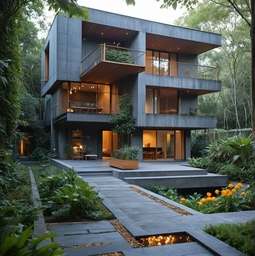 Modern villa, tadao ando,a very modern looking building with steps leading to it,modern house,forest house,modern architecture,beautiful home,house in the forest,cubic house,Photography,General,Natura