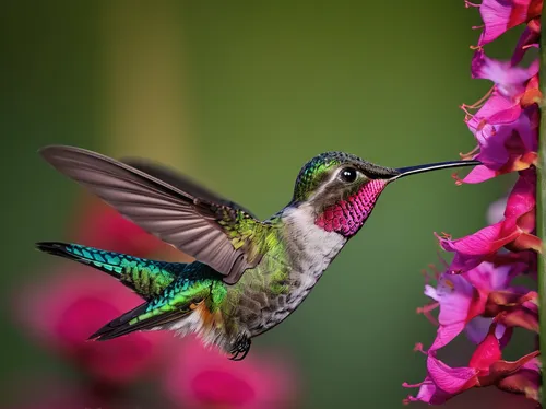 Write a poetic description of hummingbirds in a serene garden.,rofous hummingbird,ruby-throated hummingbird,ruby throated hummingbird,annas hummingbird,allens hummingbird,hummingbirds,bird hummingbird