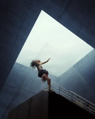 vault (gymnastics),parkour,vertigo,conceptual photography,aerialist,modern dance,falling,girl upside down,leap,descend,digital compositing,women climber,tempodrom,overpass,descent,artistic gymnastics,leap for joy,zero gravity,concrete ceiling,leap of faith