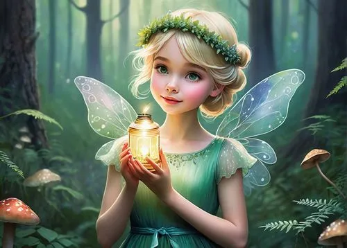 Tinker Bell, fairy, solo, (10yo), sparkles, delicate wings, green dress, blonde hair, flower crown, holding a tiny lantern, standing on a mushroom, forest, morning dew, soft mist, vibrant flowers, fer