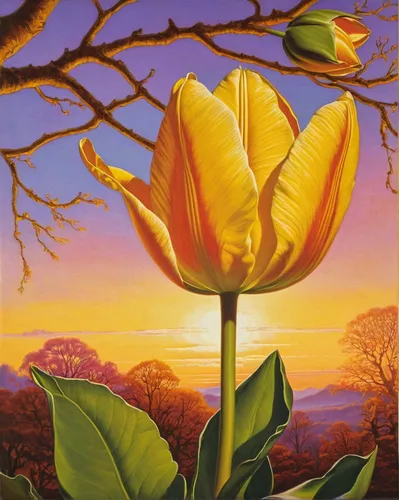 Write a poetic description of a tulip tree flower opening under a golden sunset.,flower in sunset,yellow orange tulip,tulip tree,orange tulips,magnolia,tulip festival,tropical bloom,tommie crocus,tulp