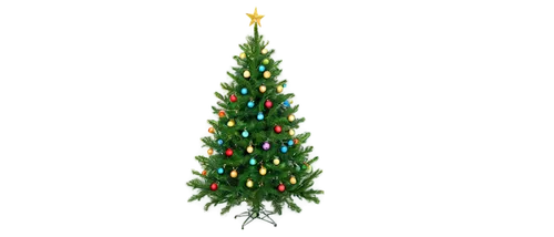 Christmas tree, solo, decorated with ornaments, shiny balls, colorful lights, star on top, green leaves, snowflakes around, transparent glass ornaments, golden garland, presents underneath, festive at