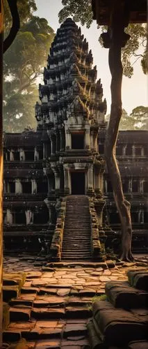 Angkor Wat-inspired Khmer Empire architecture, grandiose, intricate carvings, devatas, Apsaras, nagas, stone walls, red sandstone, ornate doorways, towering prangs, sprawling temples, lush jungle surr