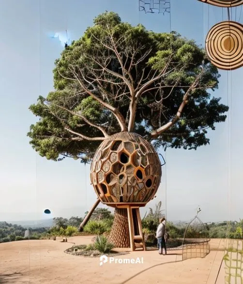 modern treehouse design, with bees house ovale volum shape in the midlle of a big tree, mde of wood with ovale openning with glass all located in a forst of hight trees,penny tree,tree of life,mount n