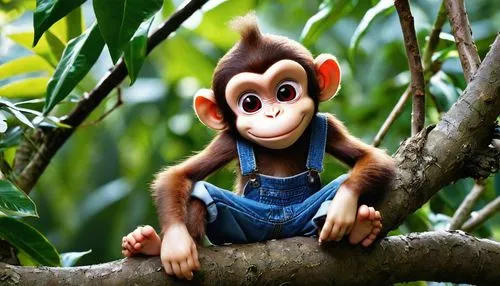 mischievous monkey, solo, (10yo), vivid red eyes, furrowed eyebrows, messy brown hair, playful smile, ripped denim overalls, white tank top, bare feet, sitting on a tree branch, jungle environment, ex