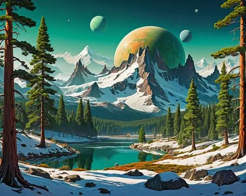 ice planet,cascadia,earth rise,alien planet,lunar landscape,futuristic landscape,mushroom landscape,salt meadow landscape,space art,alien world,fantasy landscape,landscape background,extrasolar,offworld,cascadian,paisaje,mountain landscape,mountain scene,planet eart,spruce forest,Conceptual Art,Sci-Fi,Sci-Fi 20