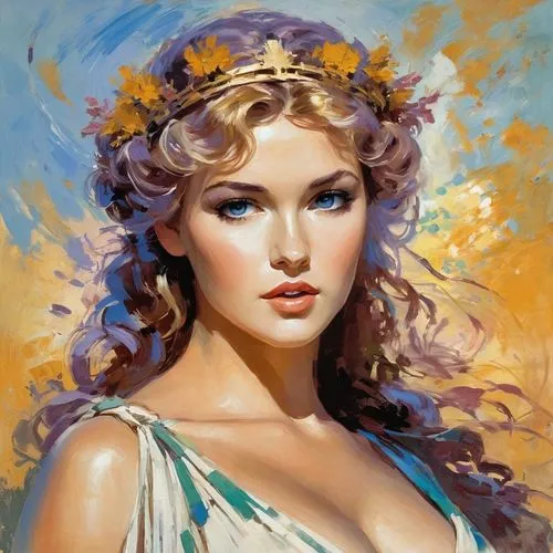 fantasy portrait,aphrodite,fantasy art,jessamine,laurel wreath,girl in a wreath,romantic portrait,art painting,young woman,golden wreath,celtic queen,mystical portrait of a girl,spring crown,fantasy woman,oil painting,boho art,fairy queen,celtic woman,oil painting on canvas,world digital painting,Conceptual Art,Oil color,Oil Color 10