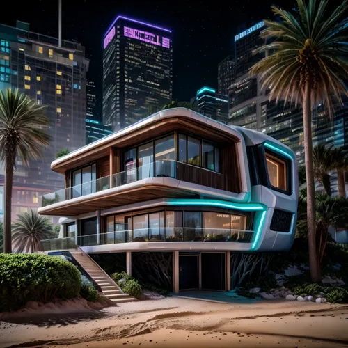 night neon light .  cyber punk  house bionic style and zeekr car to the parking
,dunes house,futuristic architecture,modern architecture,tel aviv,mid century house,miami,tropical house,smart house,lux